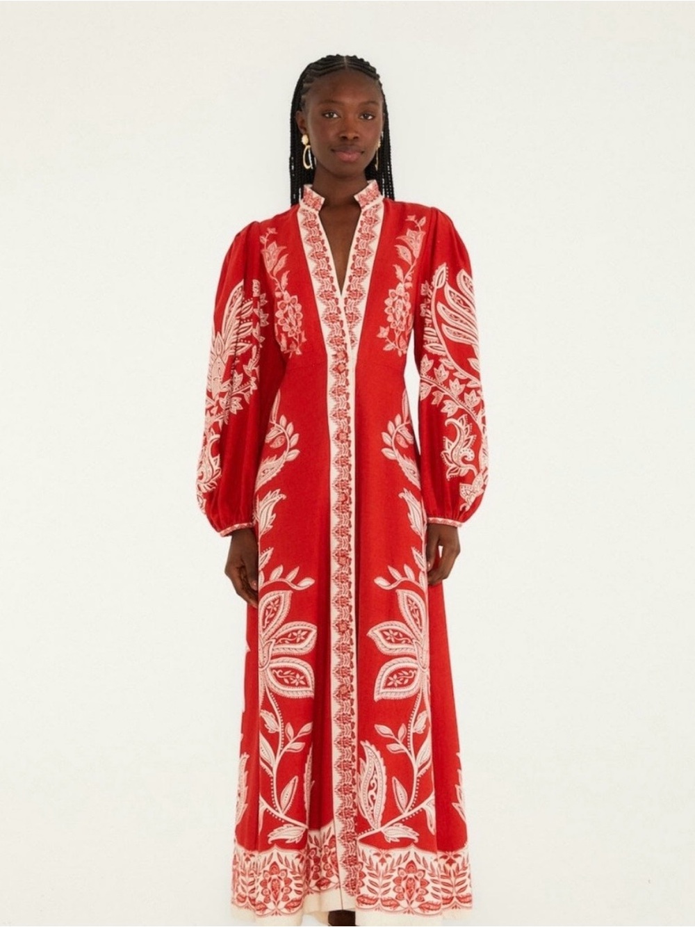 FARM Rio Red Maxi Dress with White Floral Embroidery